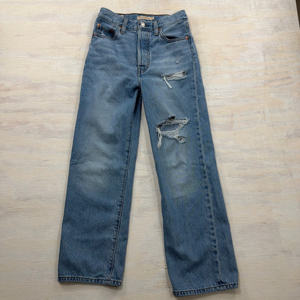 Levi's Jeans Ribcage Straight Ankle 25 Distressed High Rise Blue Womens